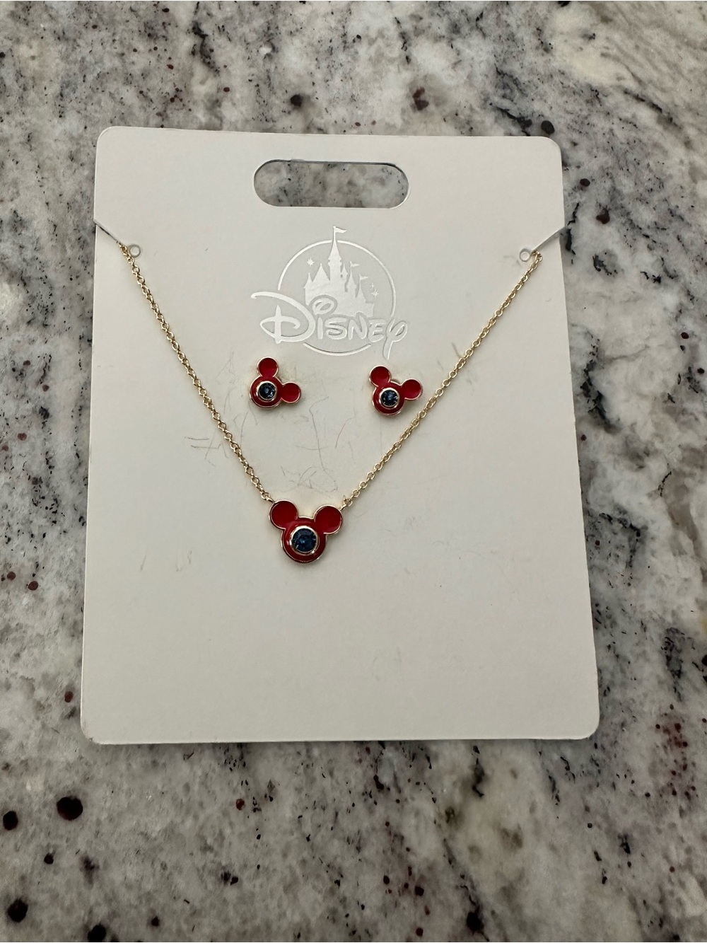 Disney Parks Gold-Tone Necklace and Earrings Set with Red Enamel and Blue Stones